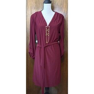 Emma & Michele Maroon Casual Dress Size L Gold Accents Roll-tab Sleeves Knee L